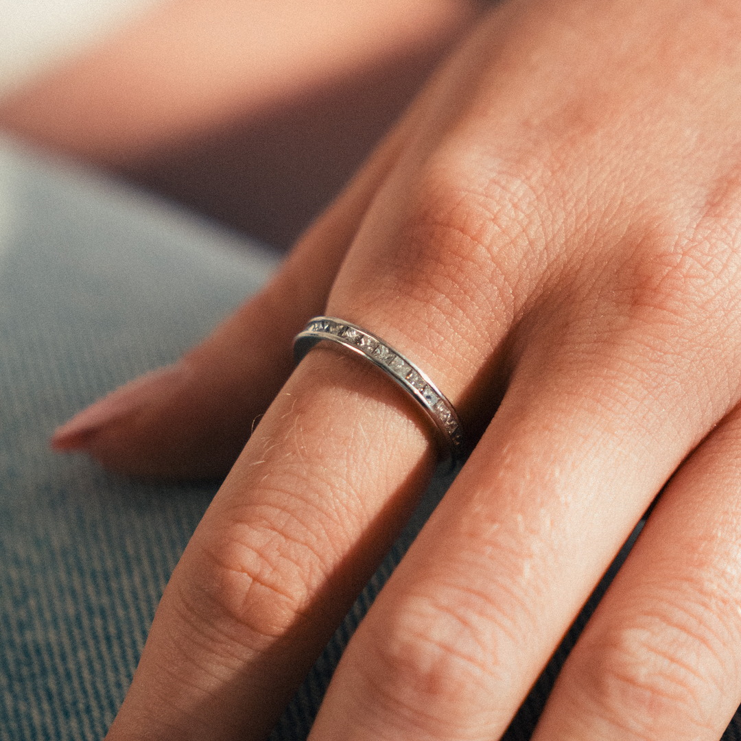 Platinum Princess Cut Channel Eternity Band - Consider the Wldflwrs