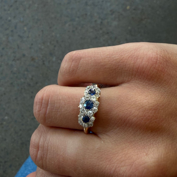 Vintage Sapphire & Diamond Tripple Cluster Ring - Consider the Wldflwrs