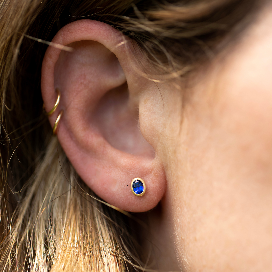 Blue Sapphire Oval Bezel Matte Stud Earrings - Consider the Wldflwrs